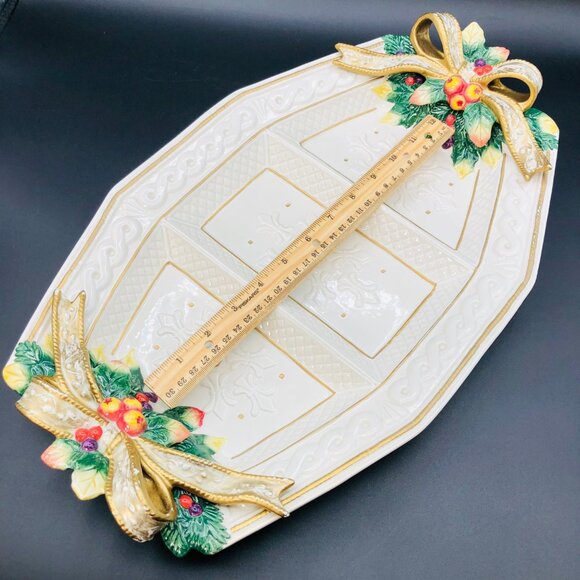 90s Fitz and Floyd Snowy Woods Hostess Serving Tray Christmas Divided Charger - Picture 9 of 11